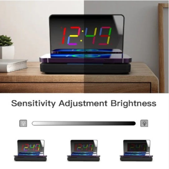 Smart LED Mirror Alarm Clock with 10W Wireless Charging & Dimmable Display