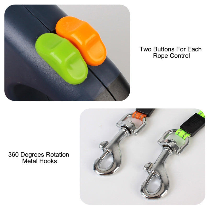 Dual Retractable Dog Leash for Small Dogs – 360° Tangle-Free Lead with LED Light & Reflective Design