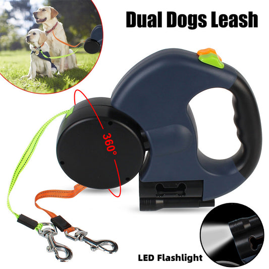 Dual Retractable Dog Leash for Small Dogs – 360° Tangle-Free Lead with LED Light & Reflective Design