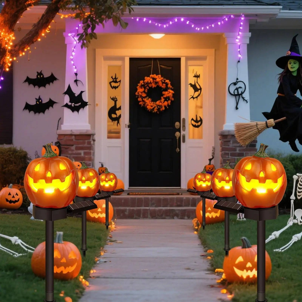 Solar Glowing Pumpkin Pathway Lights for Halloween - Outdoor Jack-O-Lantern Yard Decor, Auto On at Dusk, No Wiring Needed