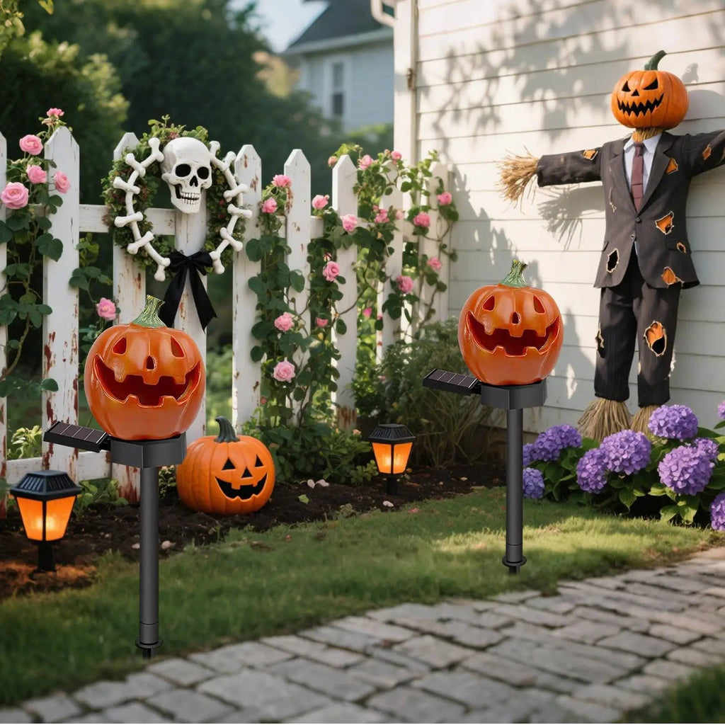 Solar Glowing Pumpkin Pathway Lights for Halloween - Outdoor Jack-O-Lantern Yard Decor, Auto On at Dusk, No Wiring Needed