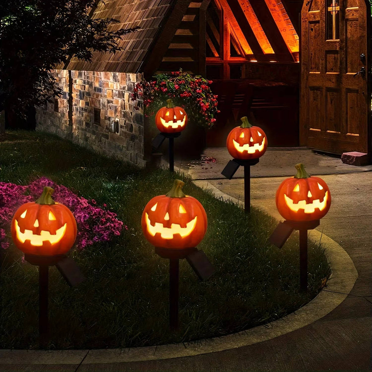 Solar Glowing Pumpkin Pathway Lights for Halloween - Outdoor Jack-O-Lantern Yard Decor, Auto On at Dusk, No Wiring Needed