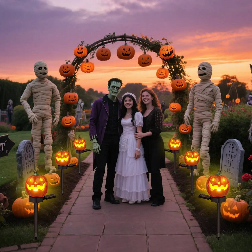 Solar Glowing Pumpkin Pathway Lights for Halloween - Outdoor Jack-O-Lantern Yard Decor, Auto On at Dusk, No Wiring Needed
