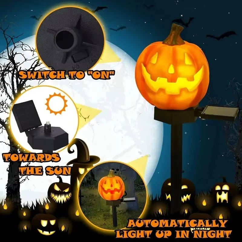 Solar Glowing Pumpkin Pathway Lights for Halloween - Outdoor Jack-O-Lantern Yard Decor, Auto On at Dusk, No Wiring Needed