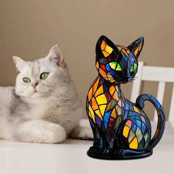 Whimsical Stained-Glass Cat Table Lamp - Home & Garden Decor (view 6)