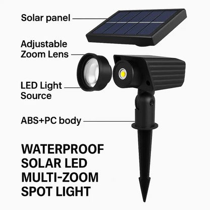 Solar LED Multi-Zoom Spotlight - Outdoor Adjustable Beam Security Light for Driveway, Backyard, Garden & Camping, Wireless